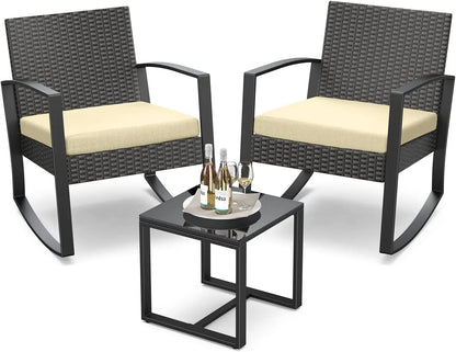 3 Pieces Patio Furniture Set Rocking Bistro Set Outdoor Rattan Conversation with Coffee Table for Garden Balcony Backyard