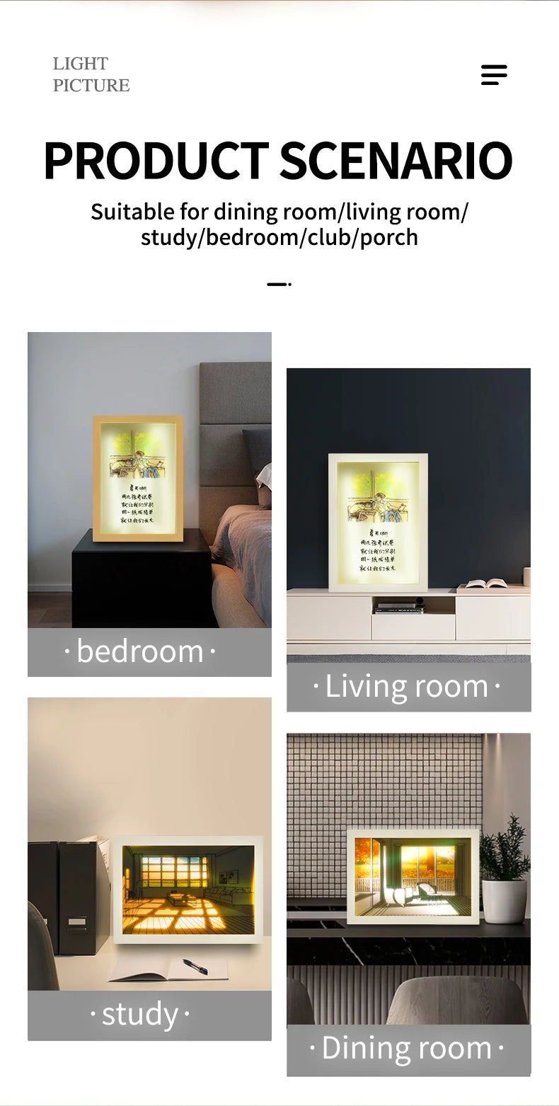 Beautiful LED Light Painting Indoor Sunlight Window Wooden Photo Light Dimming Wall Artwork Table Lamp Home Decor Night Lamp