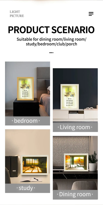 Beautiful LED Light Painting Indoor Sunlight Window Wooden Photo Light Dimming Wall Artwork Table Lamp Home Decor Night Lamp