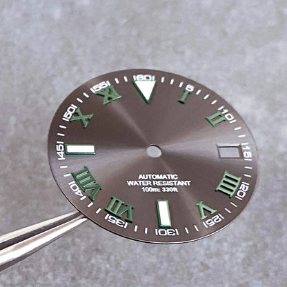29mm Gray Sunburst Watch Dial fit NH35 NH35A NH36A Steel Green Roman Numerals Index Hand Set Watch Parts Accessories