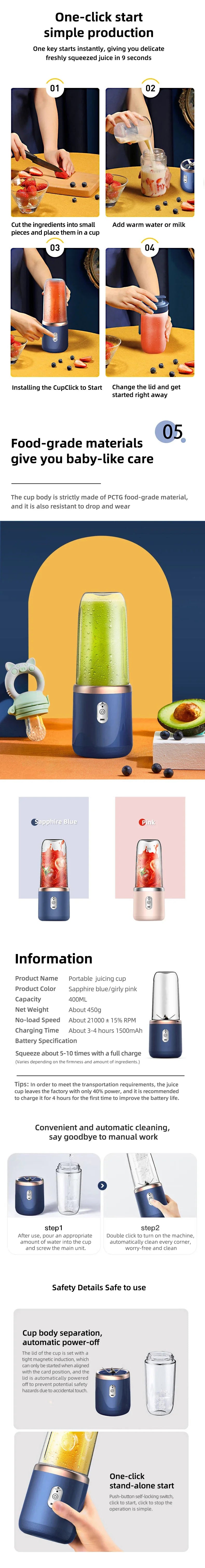 Multifunction 2 Cups Portable Fruit Juicer Blender 6 Blade Juice Mixer Mini Ice Blender USB Charging Wireless Juice Extractor