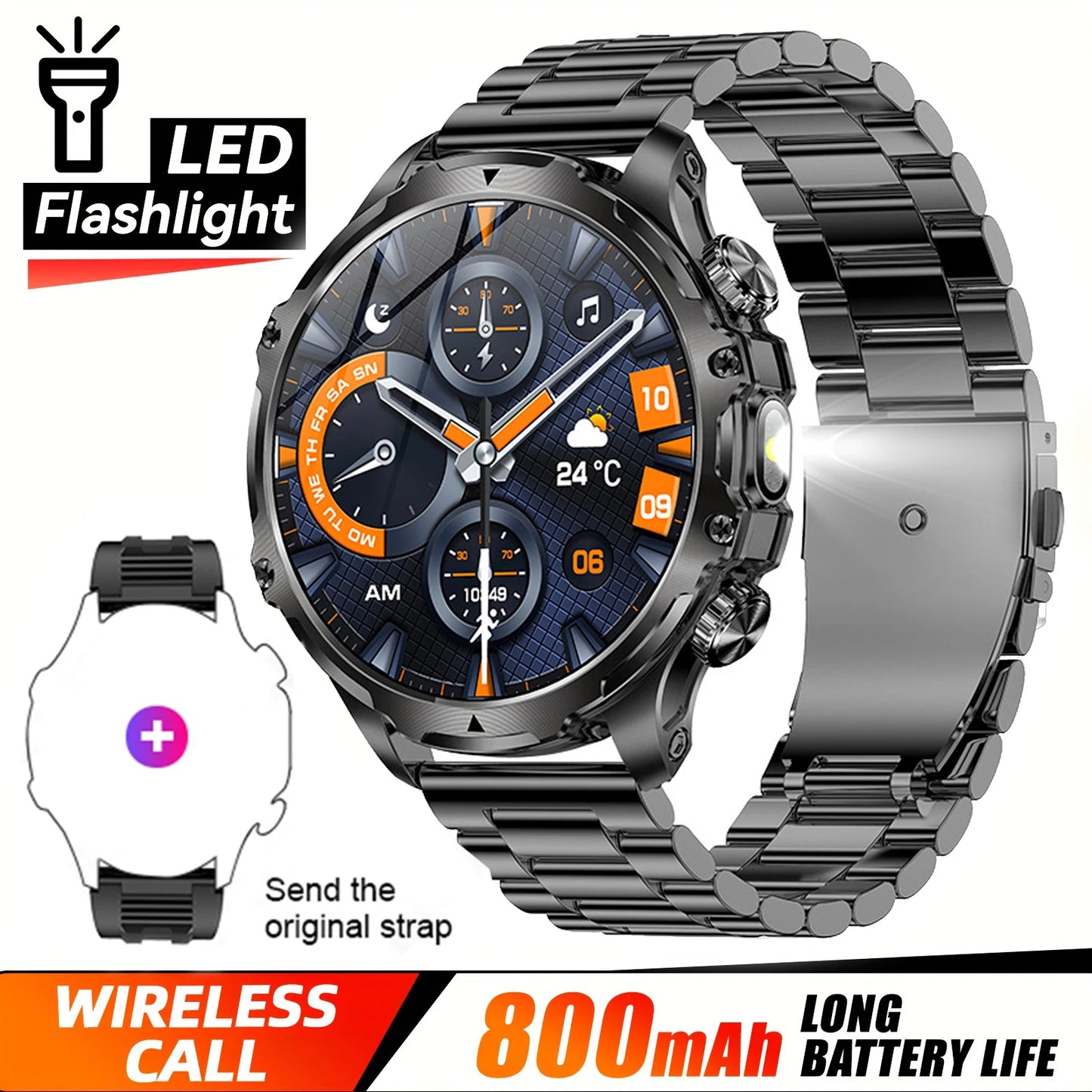 2025 Outdoor Sports Fitness Tracker Smart Watch 1.85 Inch HD Alomed 800mAh Lithium Battery Bluetooth LED Flashlight Smart Watch