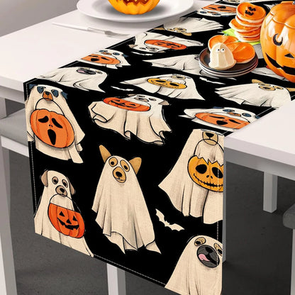 Ghost Dog Table Runner Halloween Lantern Pumpkin Bat Kitchen Dining Table Decoration Kitchen Dining Table Decor Washable