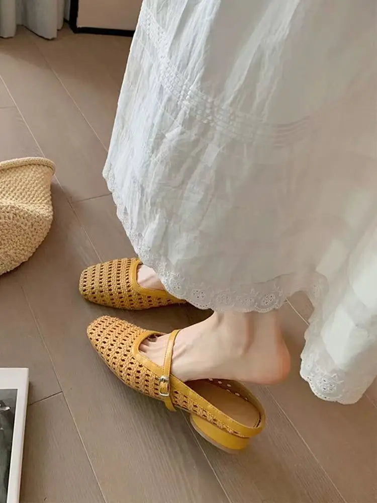 Fashionable slippers, women's hollow toe half-slippers, 2025 summer new square-toed low-heel comfortable women's shoes