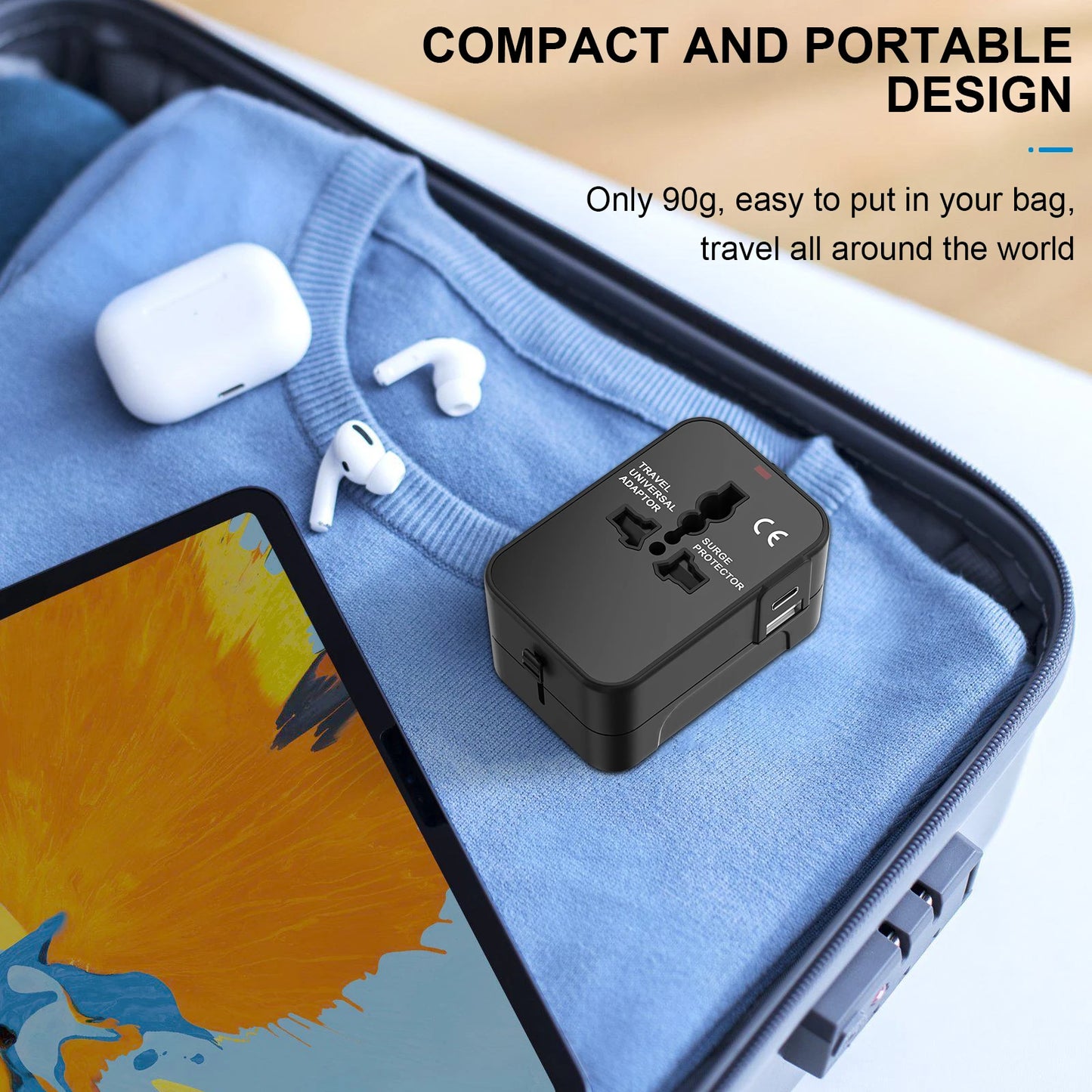 Universal Travel Adapter, International All-in-One Travel Plug Adapter 2.4A Type C 2.4A USB-A EU/UK/USA/AUS Plug for Travel