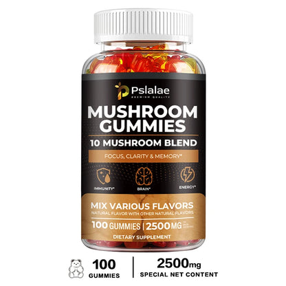 Mushroom Gummies - 10 Mushroom Blend, Nootropic Brain Booster for Focus, Memory, Clarity and Energy