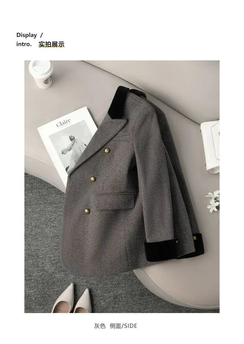 Women's Office Woolen Suit Jacket for women 2025 New Autumn Winter Chic gray Herringbone pattern Suit Female Thick Casual Coat