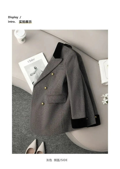 Women's Office Woolen Suit Jacket for women 2025 New Autumn Winter Chic gray Herringbone pattern Suit Female Thick Casual Coat