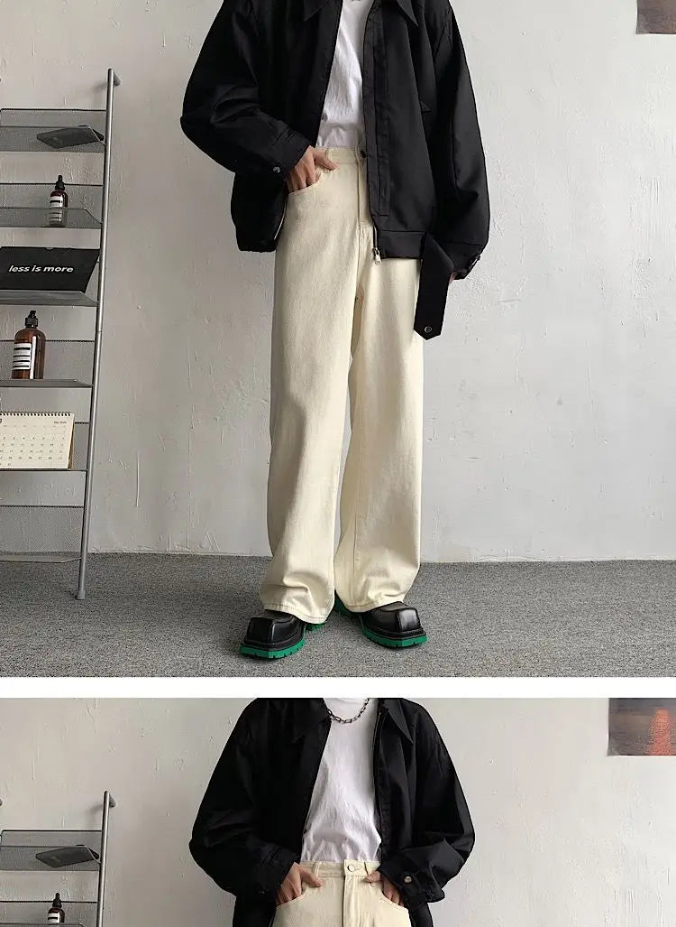Baggy Beige Jeans Men Fashion Casual Oversized Wide Leg Jeans Men Streetwear Korean Loose Straight Denim Pants Mens Trousers