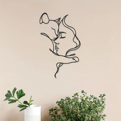 Elegant Cat and Woman Metal Wall Art - Minimalist Black Silhouette, Ideal for Cat Lovers & Sophisticated Home Décor