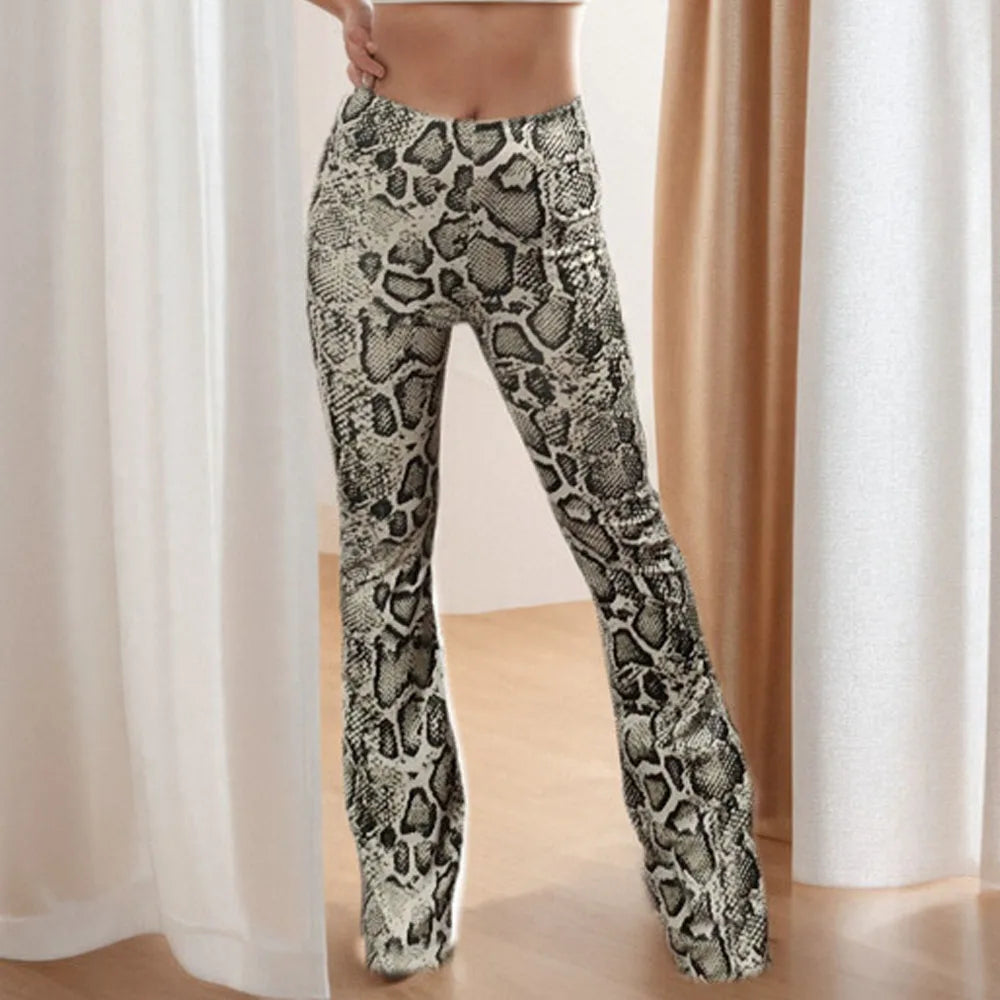 Womens Serpentine Print Flare Pants Stretch Boho Bell Bottoms High Waist Wide Leg Long Palazzo Pants Y2K Streetwear Trousers