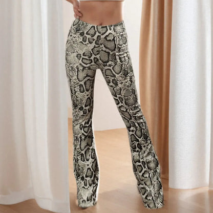 Womens Serpentine Print Flare Pants Stretch Boho Bell Bottoms High Waist Wide Leg Long Palazzo Pants Y2K Streetwear Trousers
