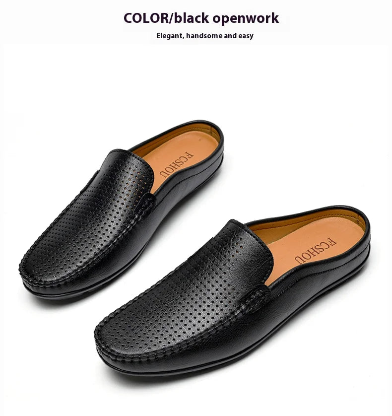Closed Toe Half Shoes for Men Black Blue Mules Slippers Slip on Genuine Cowhide Leather Luxury Flat Sandals Man Summer 2025