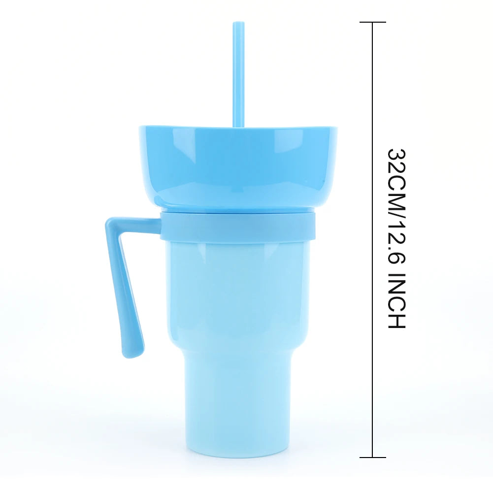 1000ml Snack Bowl Drink Cup with Straw 2 In 1 Stadium Tumbler Splash Proof Leakproof Popcorn Beverage Cup for Cinema Travel