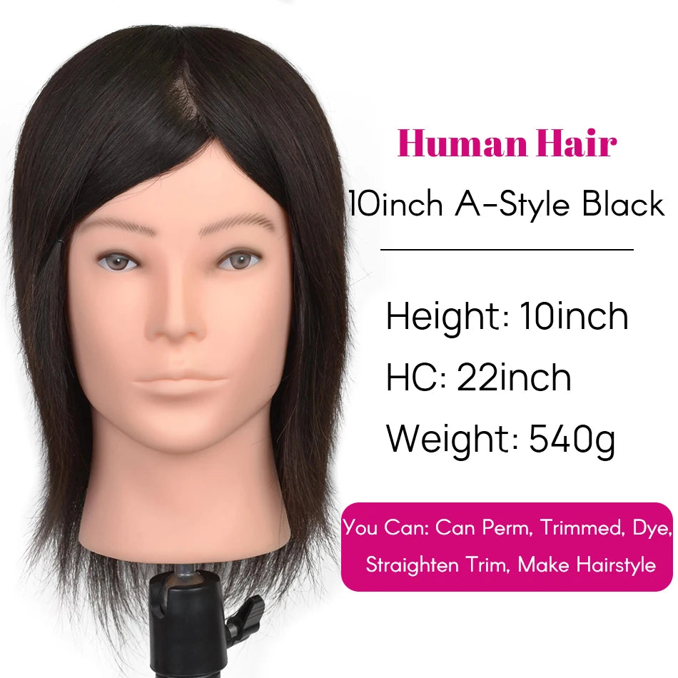 Male Mannequin Head With 100% Real Human Hair Black For Practice Hairdresser Cosmetology Training Doll Head For Hair Styling