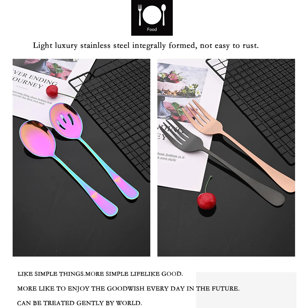 2Pcs Silver Stainless Steel Salad Spoon Fork Salad Server European Style Salad Dinnerware Cutlery Set Kitchen Tool Accessories