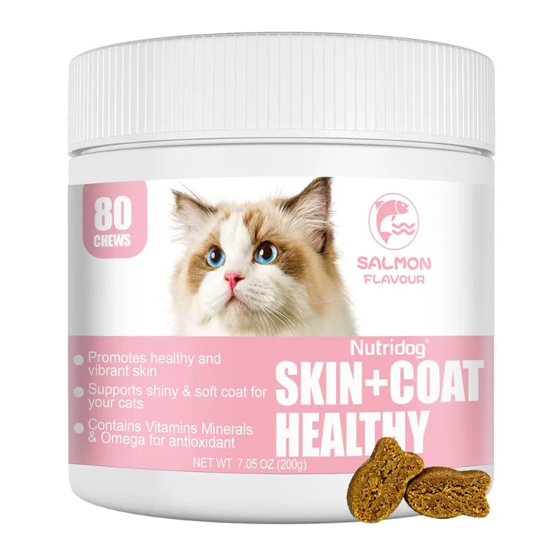 Skin & Coat Cat Chews - Omega 3, Vitamin E, Biotin Supplements for Healthy Skin, Glossy Coat & Anti - Shedding, Salmon Flavor
