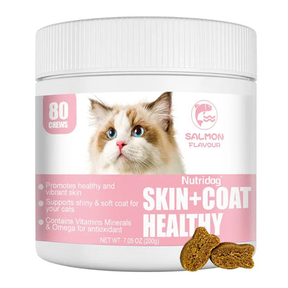 Skin & Coat Cat Chews - Omega 3, Vitamin E, Biotin Supplements for Healthy Skin, Glossy Coat & Anti - Shedding, Salmon Flavor