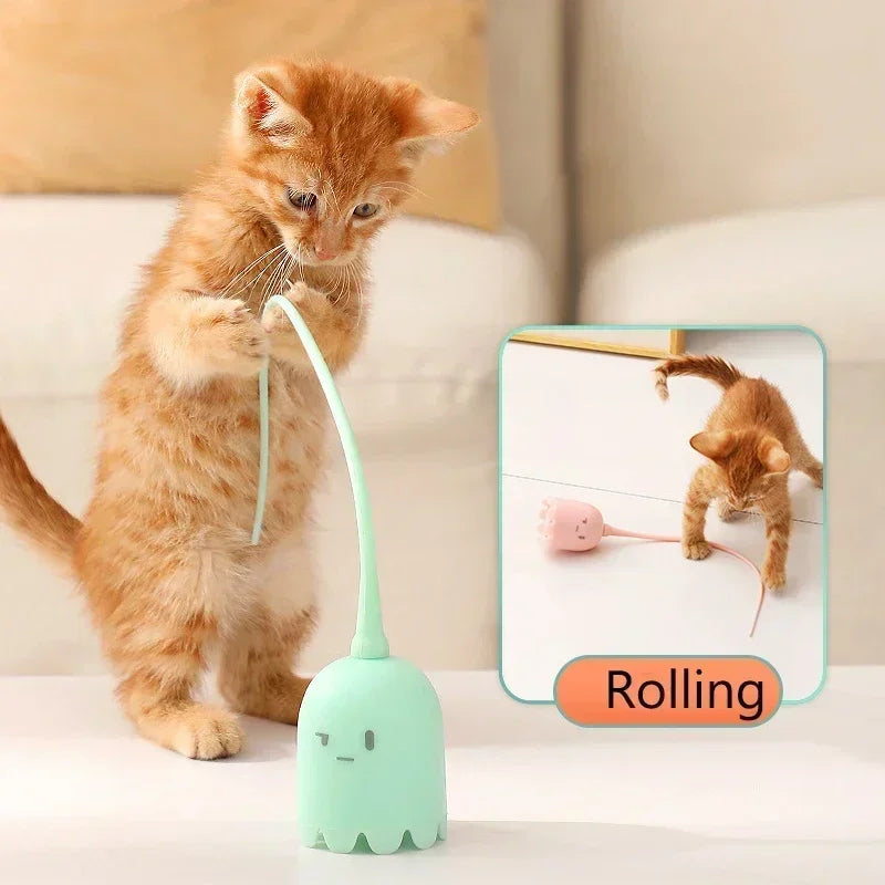 Interactive Electric Cat Toy USB Intelligent Rolling Ball Interactive Toys Funny Stick Silicone Rotate Mouse Tail Kitten Teaser