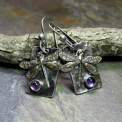 Amethyst Drop Earrings Boho Dragonfly Dangle Earrings For Women Unique Artisan Handmade Jewelry