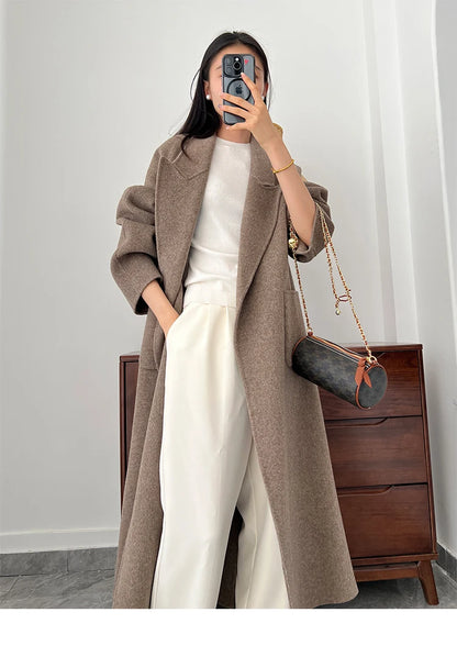 Office Lady Woolen Jackets 2024 Autumn And Winter Bathrobe Style Pocket Double-Sided Loose Lace -Up Tie Women's Long Wool Coats