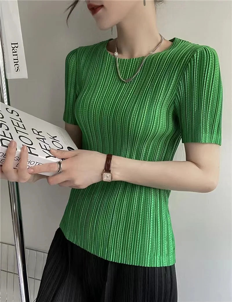 Woman Clothing  Top Women Miyake Pleated Short-sleeved Female Summer Thin Elastic Round Neck Joker Slim Pleated Hollow T-shirt