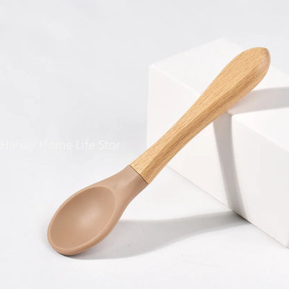 Baby Silicone Feeding Set with Wooden Handle Soft Training Spoon and Fork for Kids