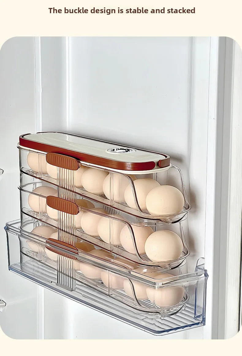 Smart Egg Storage Box - Slide-Out Drawer & Gravity Roller Design with Hidden Handle, Stackable Fridge Organizer for Side Door