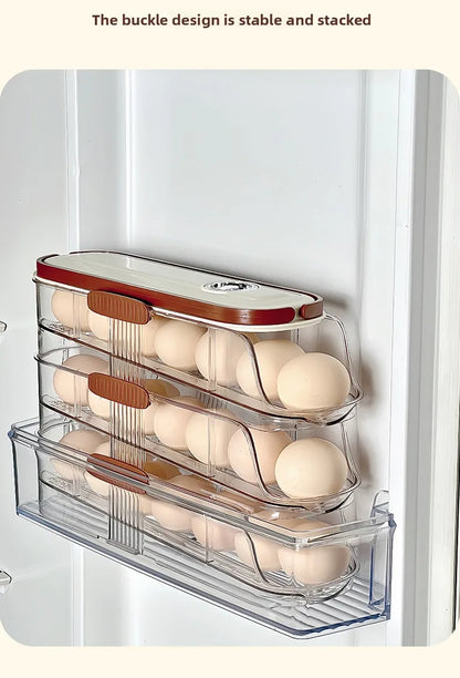 Smart Egg Storage Box - Slide-Out Drawer & Gravity Roller Design with Hidden Handle, Stackable Fridge Organizer for Side Door