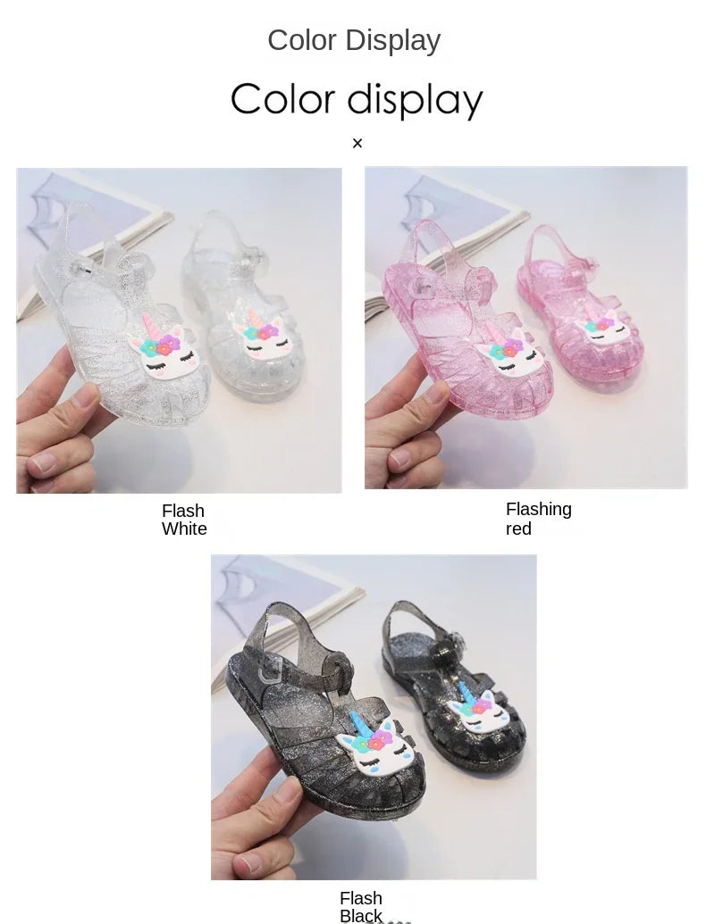 New Child Sandal Cute Girl Boy Beach Cave Shoe Transparent Glitter Jelly Crystal Kid Princes Shoe Breathable Roman Beach Sandal