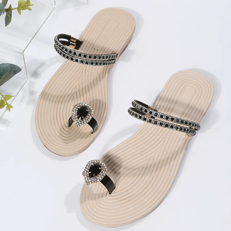 Flip-flops women 2024 summer new two-wear beach sandals European and American rhinestones soft soles flat slippers