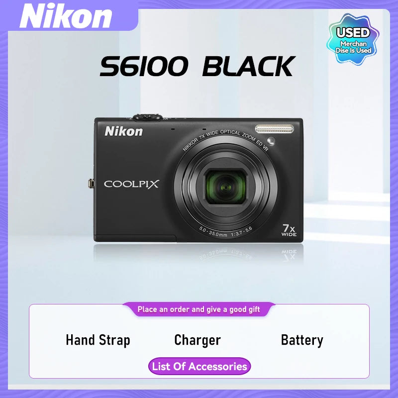 Nikon COOLPIX S6000 S6100 S6200 Portable Small Card Digital Camera 10X Optical Zoom Lens 16.00MP 720P HD Video Cameras（Used）