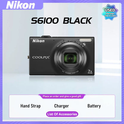 Nikon COOLPIX S6000 S6100 S6200 Portable Small Card Digital Camera 10X Optical Zoom Lens 16.00MP 720P HD Video Cameras（Used）