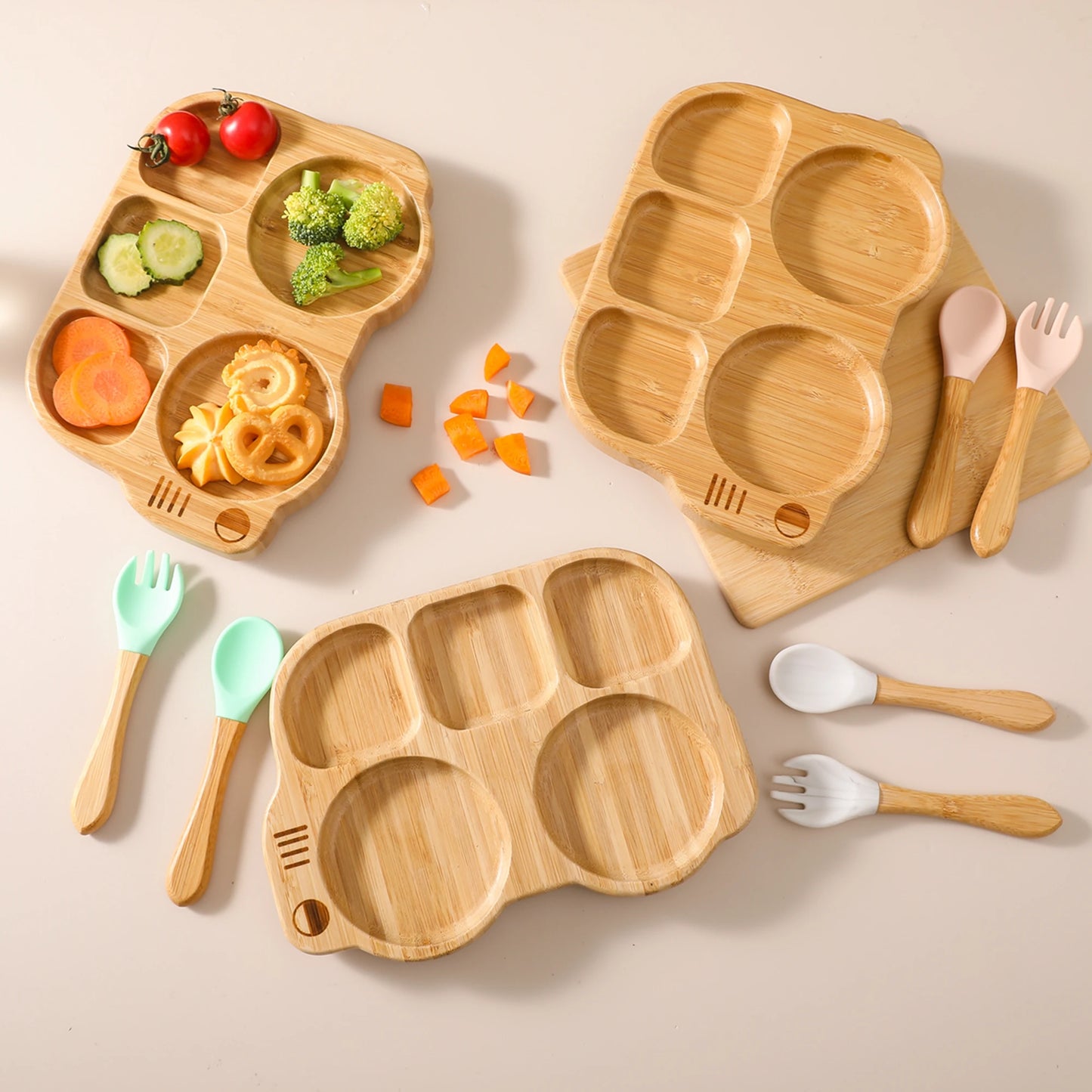 Baby Silicone Sucker Plate Spoon Fork Sets Children Feeding Tableware Set BPA Free Wooden Food Grade Dinner Plate Baby Stuff