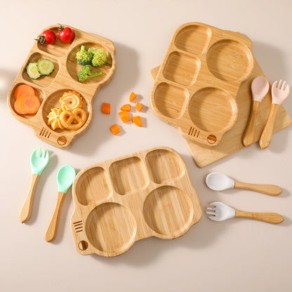 Baby Silicone Sucker Plate Spoon Fork Sets Children Feeding Tableware Set BPA Free Wooden Food Grade Dinner Plate Baby Stuff