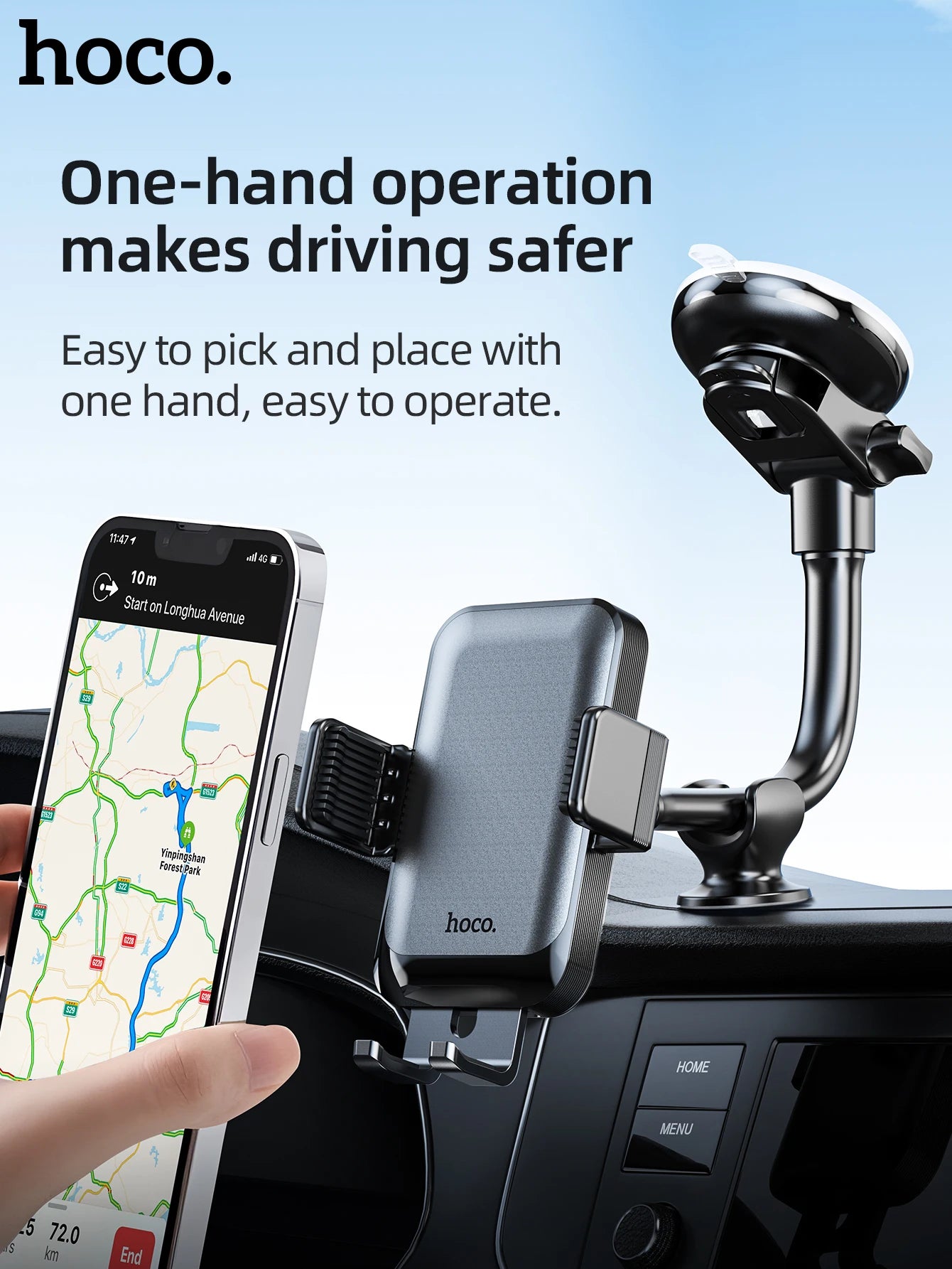 HOCO Car Center Console Windshield Phone Holder For iPhone 16/15 Pro Max Handsfree Universal Phone Mount For 4.7-7 inch Phones