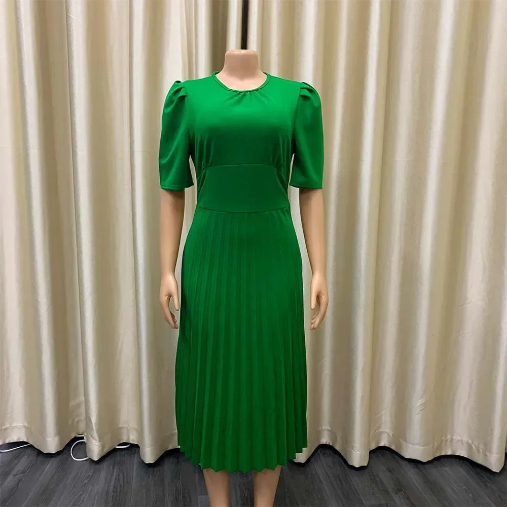 Elegant Office Dresses Pleated Woman 2025 New O Neck Short Sleeve Mid Calf Formal Business Work Wear Dress Midi Vestidos Mujer