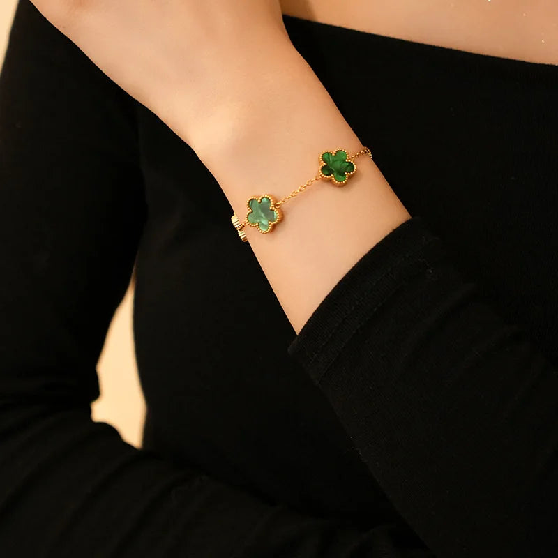 Double Sided Five-Leaf Flower Bracelet For Women Adjustable 18k Plated Gold Stainless Steel Five Point Star Clover Party Jewelry