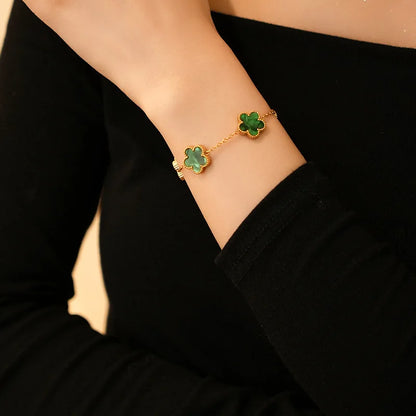 Double Sided Five-Leaf Flower Bracelet For Women Adjustable 18k Plated Gold Stainless Steel Five Point Star Clover Party Jewelry