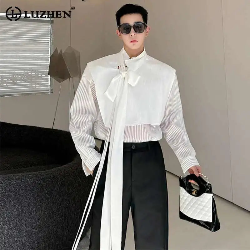 LUZHEN Stylish Personality Ribbon Decorate Translucent Long Sleeve Shirts Men's Elegant 2025 New Stylish Fake Two Piece LZ2413