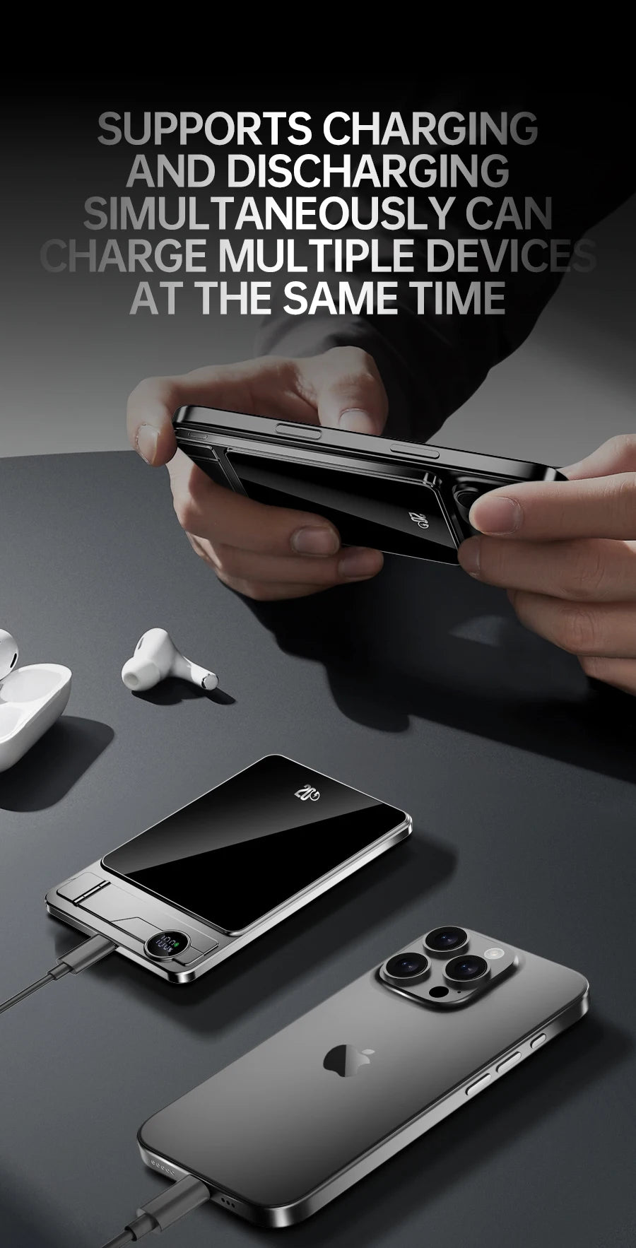 Portable Charger Powerbank With Cable PD20W Power Bank Wireless 15W With Phone Holder LED Display Mobile Phone Backup Battery