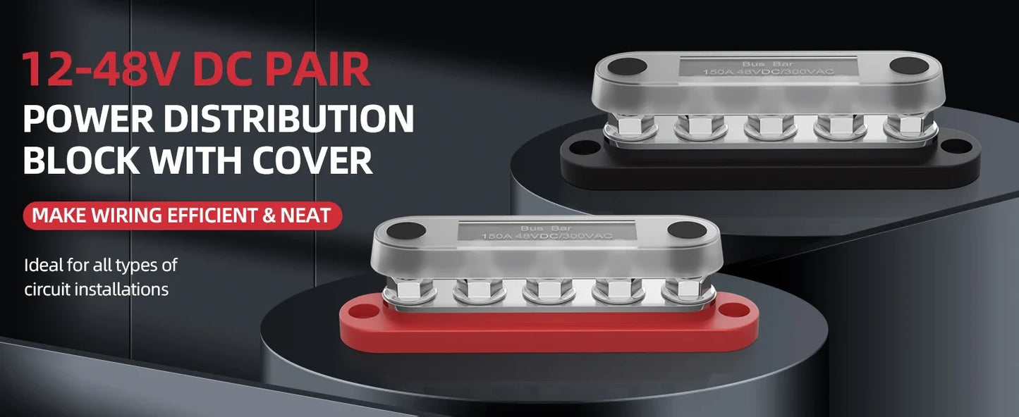 150A Terminal Bus Bar 5*M8 Studs Battery Power Distribution Block Red Black 12V Car Busbars for Automotive Marine Boat