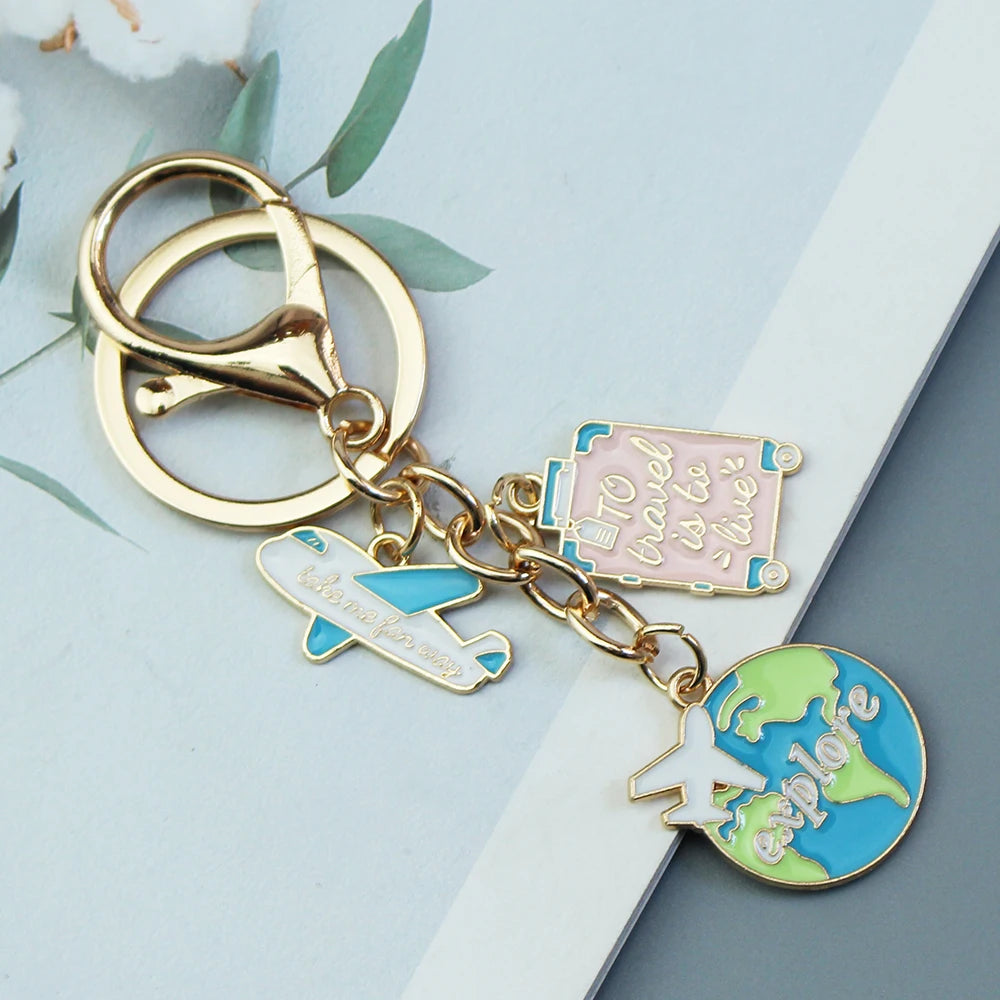 'To travel is to live' Trip Keychain Enamel Airplane Earth 'No Matter Where' Key Chain Trend Pendant Handmade Key Ring Jewelry ﻿