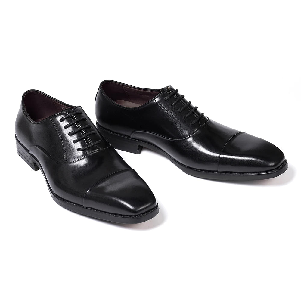 Men's Classic Lace-Up Oxfords Genuine Leather Luxury Office Shoes Solid Cap Toe Wedding Party Formal Dress Footwear for Men