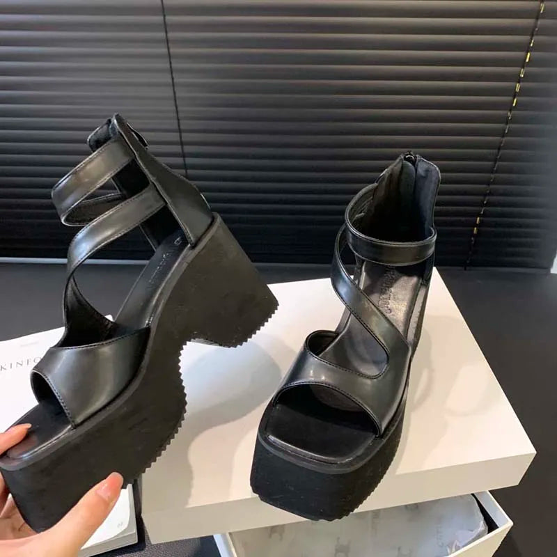 Black Gladiator Sandals Woman Platform High Heels Summer Back Zipper Shoes Punk Chunky Sandals Female Samdalias De Plataforma