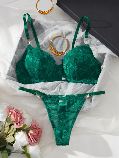 Women Lace Lingerie Ultra Sexy French Thin Bra Sets Intimate Exotic Sets Luxury Erotic Lingerie Dark Green Youth Sexy Lingerie