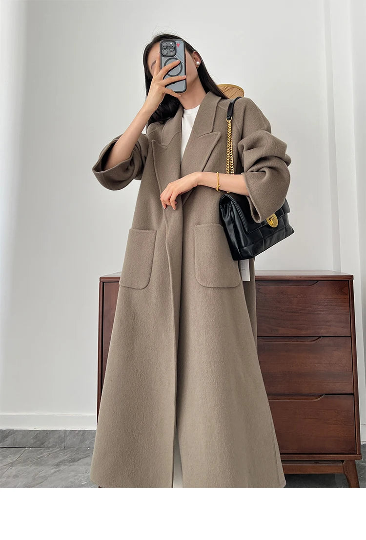 Office Lady Woolen Jackets 2024 Autumn And Winter Bathrobe Style Pocket Double-Sided Loose Lace -Up Tie Women's Long Wool Coats