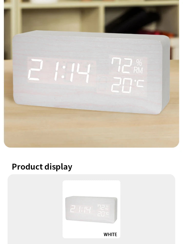 Digital LED Wooden Alarm Clock, Desk Clock, Voice Activated, Electronic Desktop Clock, Luminous Silent Alarm Clock