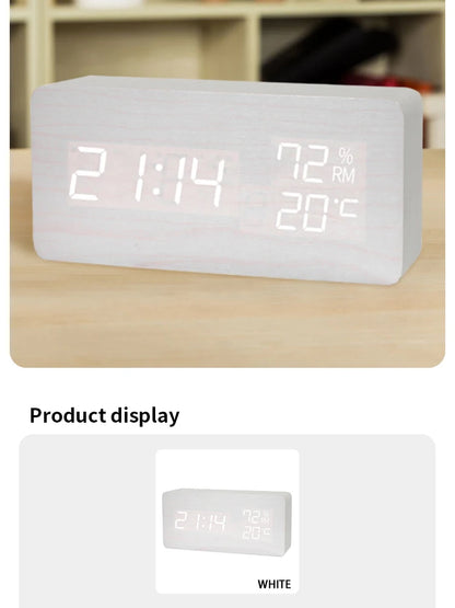 Digital LED Wooden Alarm Clock, Desk Clock, Voice Activated, Electronic Desktop Clock, Luminous Silent Alarm Clock