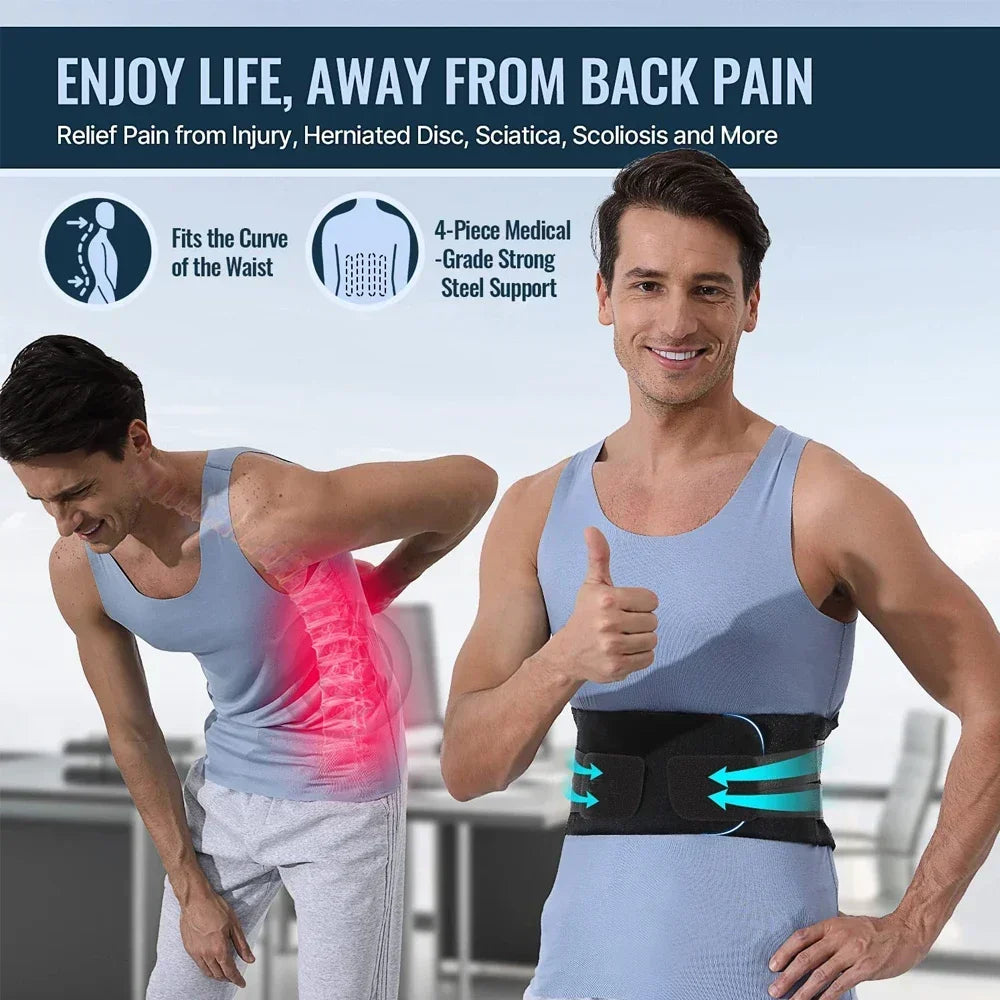 Back Brace For Lower Back Pain,With 4 Metal Supports,Four Elastic Bands,Breathable& Strong Support,Effectively Relieve Your Pain